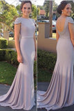 Open Back Cap Sleeves Prom Dress with Sweep Train,Mermaid Evening Dresses,SIM626