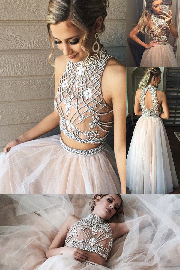simidress Fashion High Neck Prom Dresses,Two Piece Prom Gowns,A line Tulle Prom Dress with Beading,SIM630