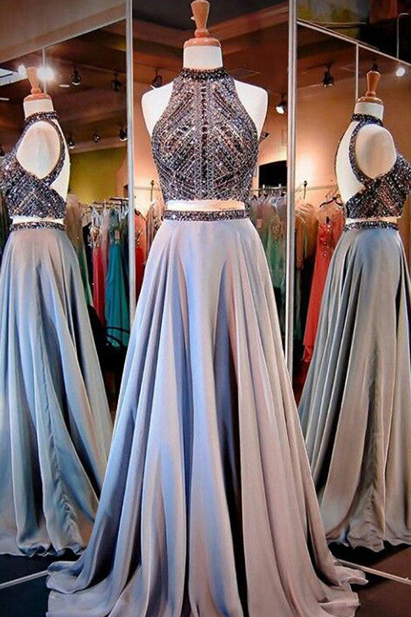 High Neck Open Back Prom Dresses,Long Prom Dress with Beading,Two Piece Prom Gowns,SIM624