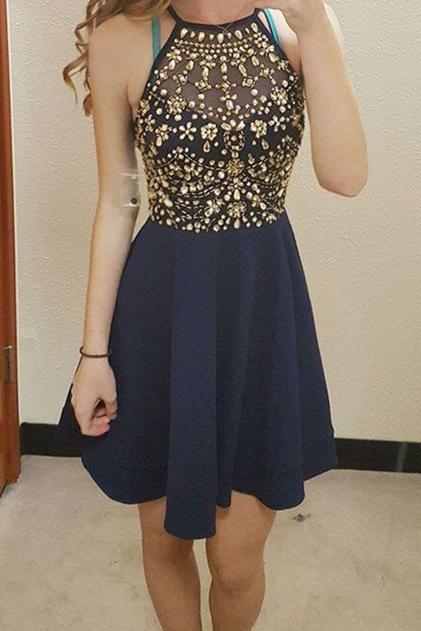 A-line Navy Blue Homecoming Dresses with Beading,Halter Short Prom Dresses, SH72