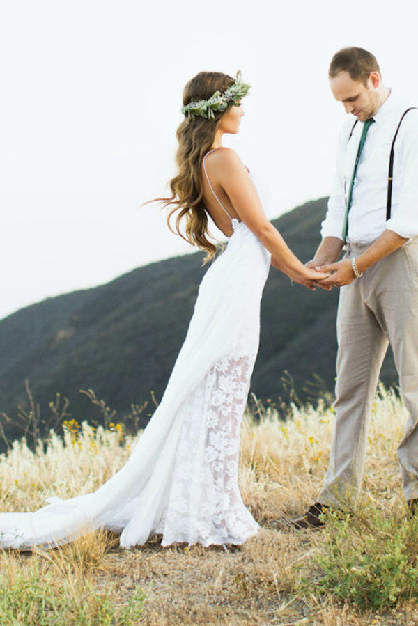 Tulle Lace Mermaid Deep V-neck Wedding Dresses, SW426