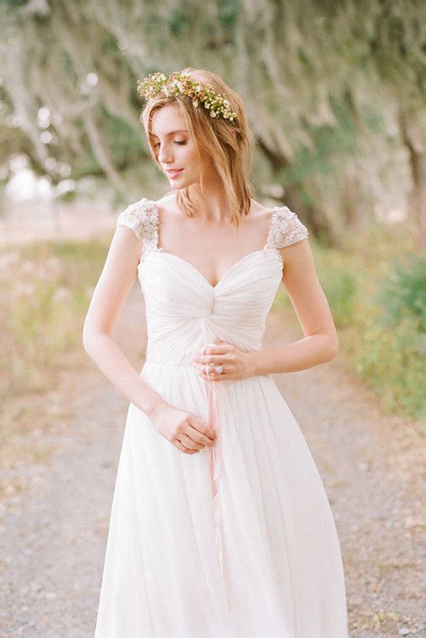 Elegant Cap Sleeve Wedding Gown,Long Chiffon Sweetheart Wedding Dresses,SW14