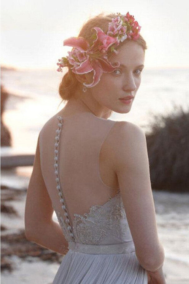 Illusion Neckline Sheer Back Beach Lace Wedding Dresses, Chiffon Wedding Gown,SW12