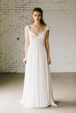 Ivory Lace A-Line Wedding Dresses, Cap Sleeve Chiffon Bridal Gowns