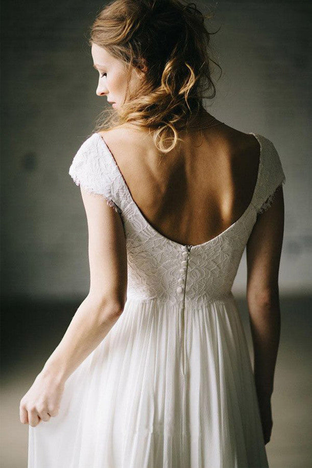 Ivory Lace A-Line Wedding Dresses, Cap Sleeve Vintage Chiffon Bridal Gowns,SW10
