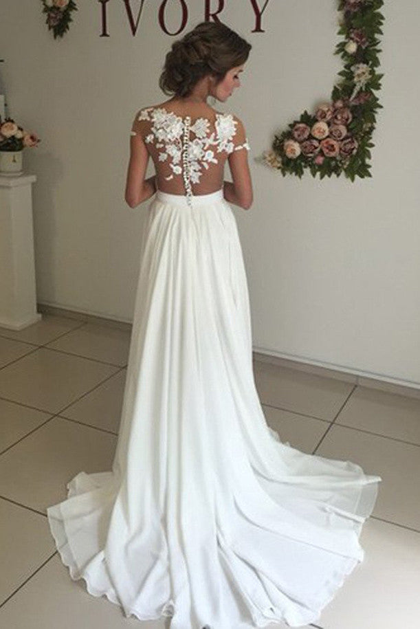 Elegant V-neck Cap Sleeves Wedding Dresses with Sweep Train and Appliques,SW16