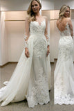 Lace Long Sleeves Sheath Wedding Dresses with Detachable Train,Wedding Gown,SW11