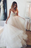 White Organza Spaghetti Sexy V-neck A-line Long Wedding Party Dresses,SVD528