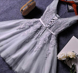 Grey Lace Appliques Short Bridesmaid Dress,Prom Dress,Lace Appliqued Tulle Homecoming Dress,SH60 | homecoming dresses | short prom dresses | homecoming dresses pink | blush homecoming dresses | lace homecoming dresses | plus size homecoming dresses | cheap homecoming dresses | homecoming dresses online | simidress.com