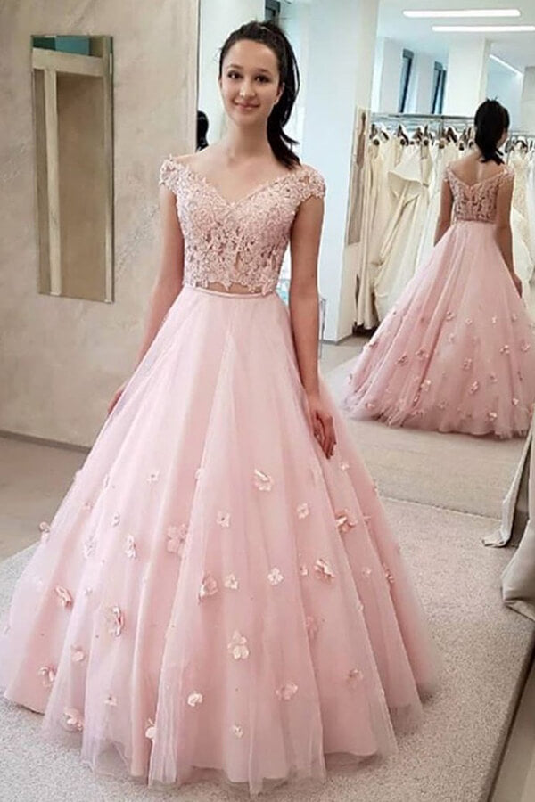 Pretty Blue Two Piece Off-the-Shoulder Lace Prom Dresses with 3D Flowers, SP672 | pink prom dresses | prom dresses long | cheap prom dresses | formal dresses | evening dresses | prom gowns | party dresses | www.simidress.com
