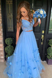 Pretty Blue Two Piece Off-the-Shoulder Lace Prom Dresses with 3D Flowers, SP672