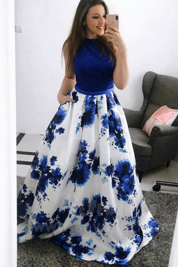 Fashion Jewel Blue A-Line Floral Long Prom Dress Formal Dress with Pockets, SP418