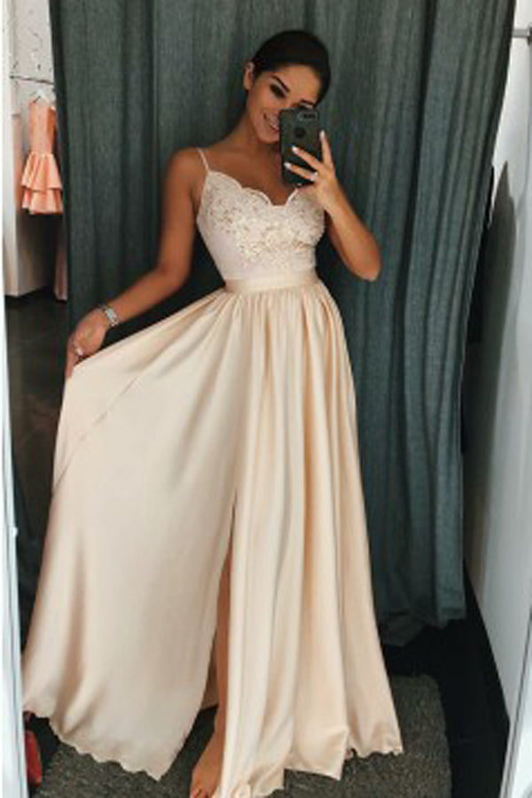 Pearl Pink Elastic Satin A-Line Spaghetti Straps Side Slit Prom Dress with Appliques,M226