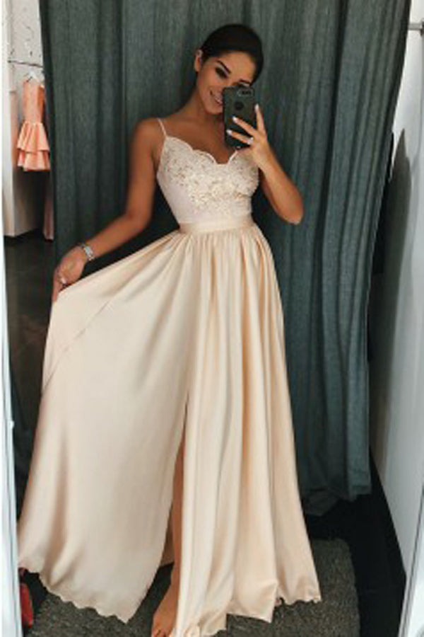 Pearl Pink Elastic Satin Spaghetti Straps Prom Dress with Appliques ...