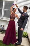 Fabulous 2-pieces Halter Maroon Backless Prom Dress,Evening Prom Gowns With Beading,SVD409