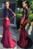 Decent Burgundy Backless Prom Dress,Long Mermaid Prom Dress with Black Lace,SVD415