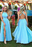 2017 Charming Baby Blue Prom Dresses,Halter Split Prom Dress with Lace,SVD428