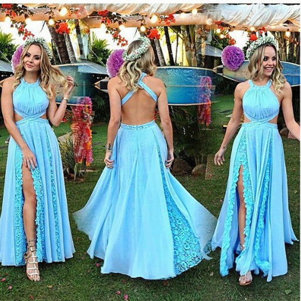 2017 Charming Baby Blue Prom Dresses,Halter Split Prom Dress with Lace,SVD428