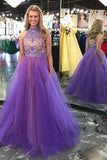 2 Piece Prom Dress,High Neck Magnetic Backless Long Lavender Prom Dress with Beading,SVD430