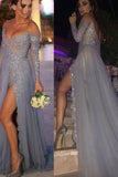 Gray Long Sleeves Prom Dress,V-neck Sweep Train Evening Dress with Appliques Beading,SVD433