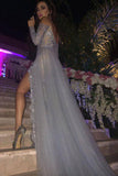 Gray Long Sleeves Prom Dress,V-neck Sweep Train Evening Dress with Appliques Beading,SVD433