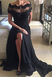 Long Black Off Shoulder Short Sleeves Split Prom Dress with Lace Beading,SVD434