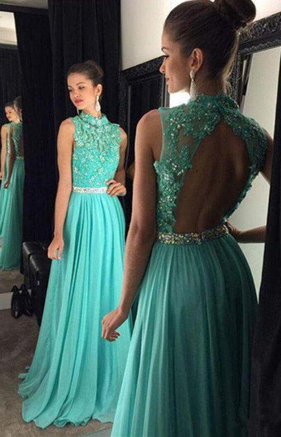High Neck Prom Dress with Appliques,Backless Long Turquoise Prom Dress –  Simidress