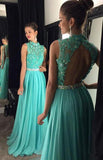 Fabulous High Neck Backless Long Turquoise Prom Dress with  Appliques and Beading,SVD435