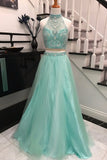 Elegant 2 Pieces Sky Blue Backless Prom Dress,Halter Prom Dresses with Beading,SVD436