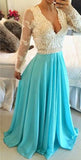 Blue V-neck Chiffon Open Back Prom Dress,Evening Prom Dress With Long Sleeves,SVD437