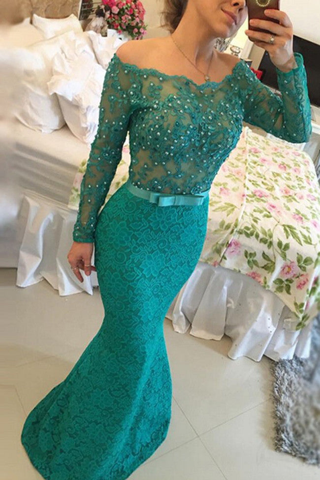 turquoise prom dresses Lace Prom Dress,Off Shoulder Prom Dress,Turquoise Pearls Prom Dresses – Simidress