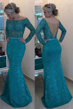 Decent Floor-Length Lace Off Shoulder Long Sleeves Turquoise Prom Dress with Pearls,SVD438