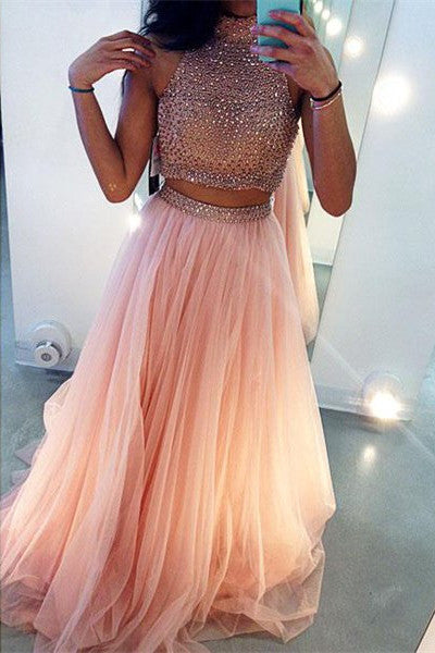 High Neck Sleeveless Long Prom Dress with Beading,2 Piece A-Line Prom Dresses,SVD439