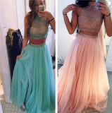 High Neck Sleeveless Long Prom Dress with Beading,2 Piece A-Line Prom Dresses,SVD439