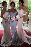Gorgeous Long Bridesmaid Dresses with Sweep Train,Spaghetti Mermaid Lace Prom Dress,SVD451