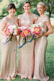 Shiny Golden Sequins Bateau Neck Cap Sleeve Sheath Long Bridesmaid Dresses,SVD455