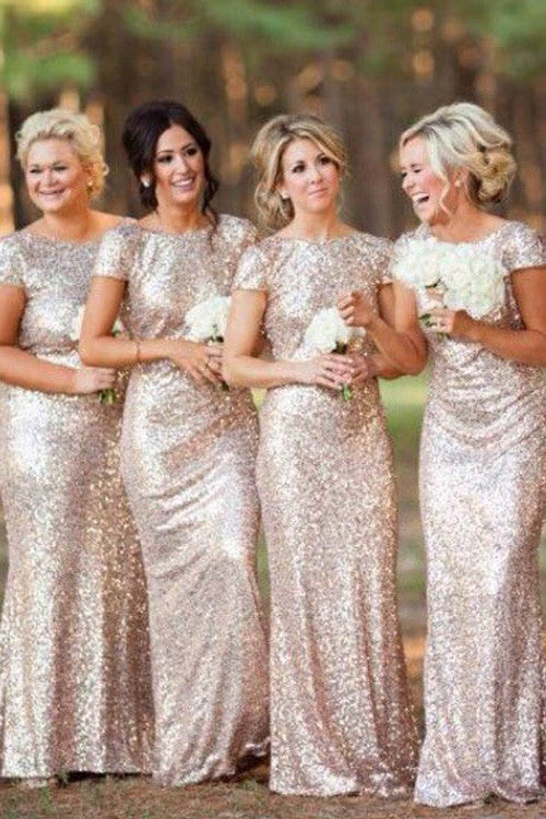 Shiny Golden Sequins Bateau Neck Cap Sleeve Sheath Long Bridesmaid Dresses,SVD455