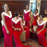 Elegant Red Cap Sleeves V-neck Long Bridesmaid Dress, Mermaid Bridesmaid Dress with Beading,SVD457
