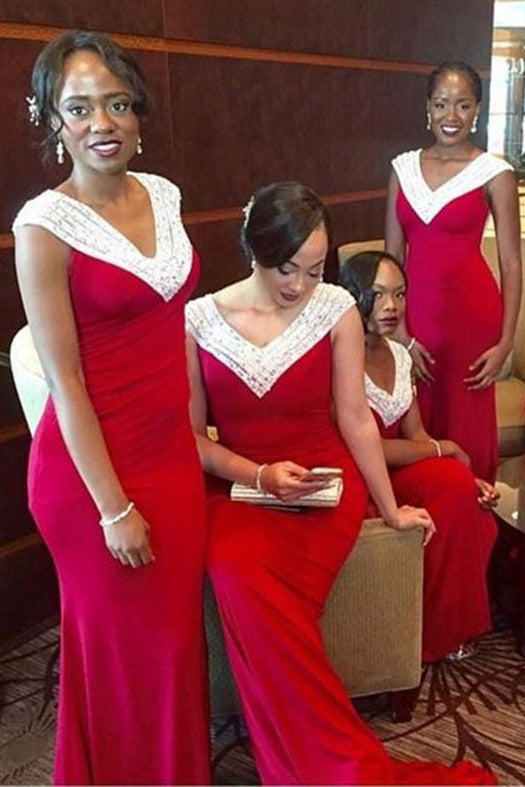 Elegant Red Cap Sleeves V-neck Long Bridesmaid Dress, Mermaid Bridesmaid Dress with Beading,SVD457
