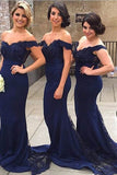 Charming Off shoulder Navy Lace Court Train Mermaid  Bridesmaid Dress,Prom Gowns,SVD460