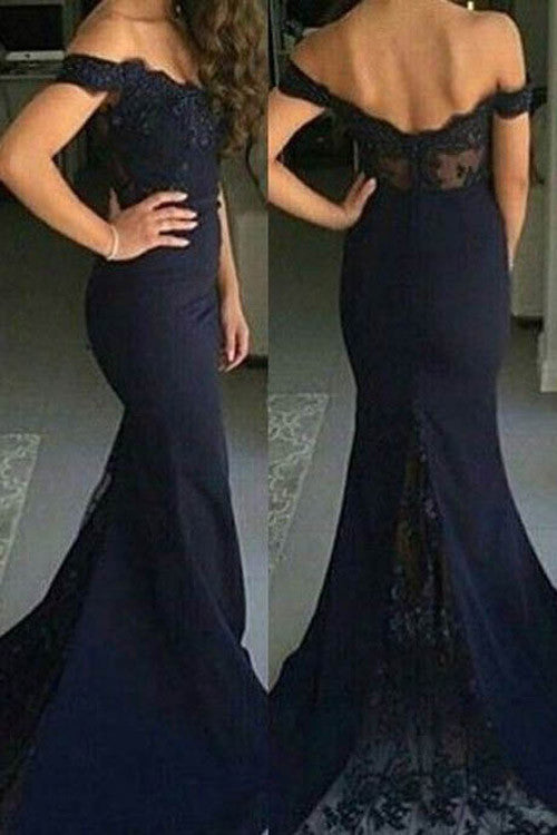 Charming Off shoulder Navy Lace Court Train Mermaid  Bridesmaid Dress,Prom Gowns,SVD460