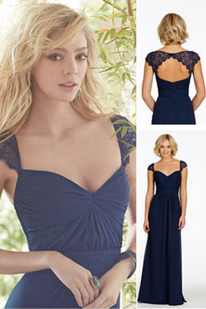 Navy Blue Chiffon Lace Cap Sleeve Backless Sweet Heart Formal Bridesmaid Dresses,SVD464