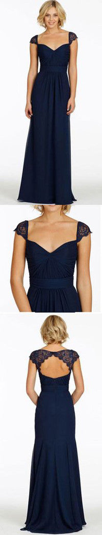 Navy Blue Chiffon Lace Cap Sleeve Backless Sweet Heart Formal Bridesmaid Dresses,SVD464