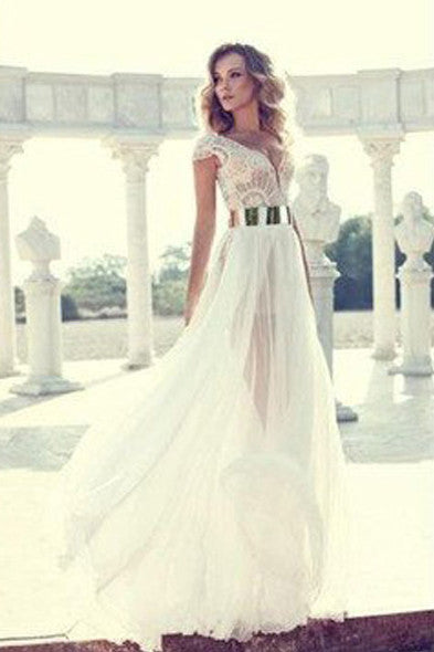 Sexy V-neck Side Slit Wedding Party Dresses,Cap Sleeves Prom Dresses,Fashion Prom Dress,SVD506