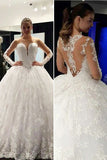 Affordable Fabulous Long Sleeve Scoop Neck Lace Ball Gowns,Long Wedding Dresses,SVD507