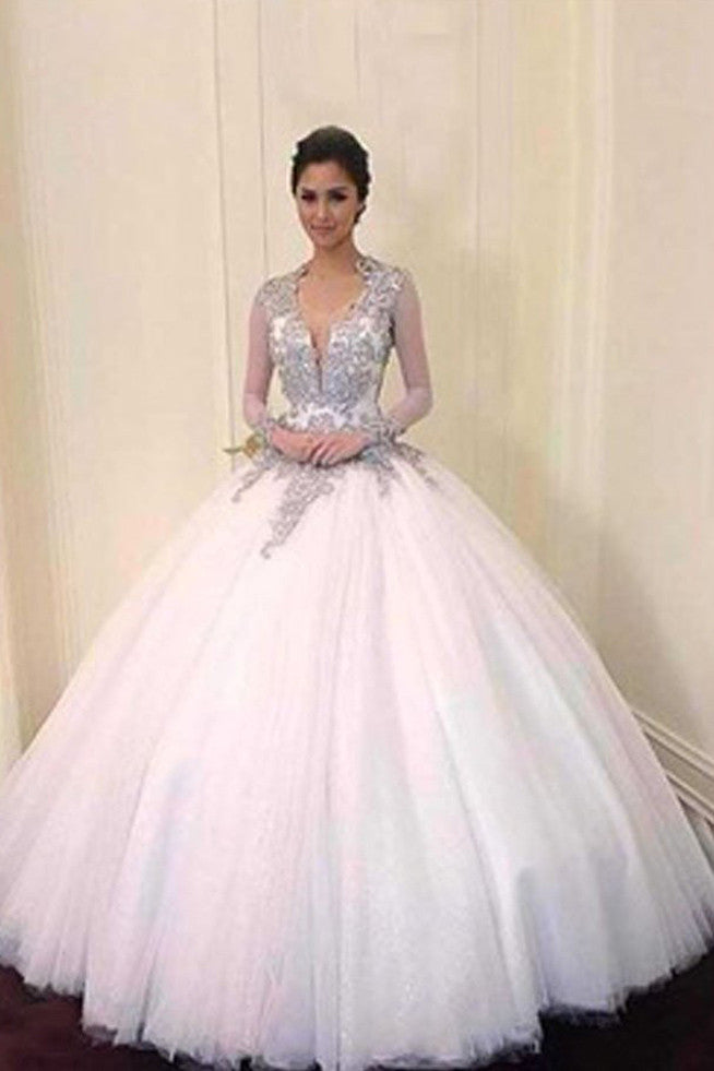 Silver Lace Affordable V-neck Long Sleeve Backless Ball Gown Wedding Dresses,SVD508