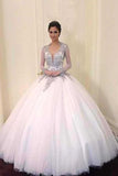Silver Lace Affordable V-neck Long Sleeve Backless Ball Gown Wedding Dresses,SVD508