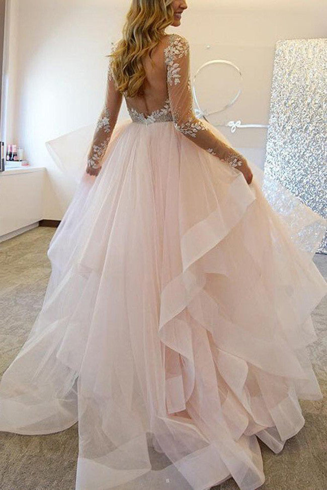 Open Back Wedding Gowns Bridal Dresses,Lace A line Long Sleeve Wedding Dresses,SVD514