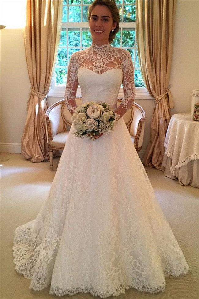 Buy online long sleeve wedding dresses, Lace Wedding Dress,High Neckline Wedding  Dress – Simidress