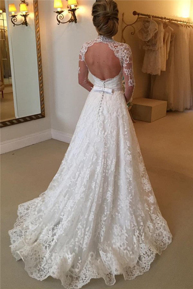 High Neckline Lace A line Long Sleeve Wedding Dresses,Open Back Wedding Gowns,Bridal Dresses,SVD515
